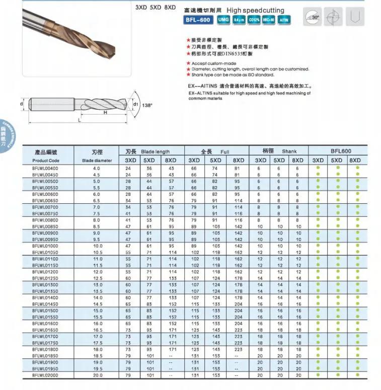 Bfl-Carbide 1-13mm Carbide Twist Shank Drill Bit/2 Flute Cobalt Drill Bit Cutting Tool